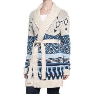 Lucky Brand Boho Open Front Belted Blue & Cream Shawl Collar Cardigan - Sz Large